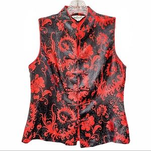 Vintage Silk Vest Asian Red Black Damask Medium